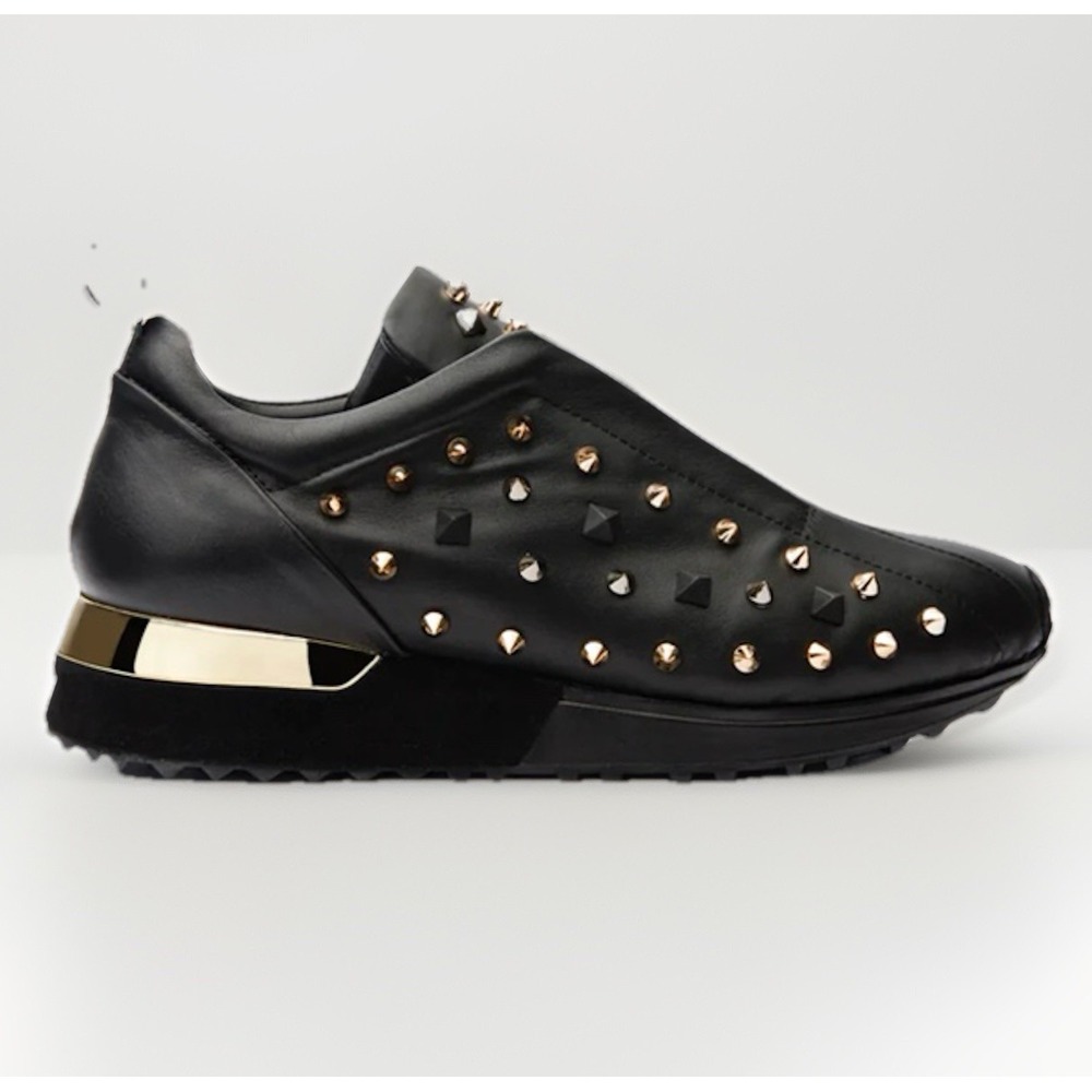 Vinci Infanta Black Spike‎ Leather Sneaker Womens 38 Black Gold $400